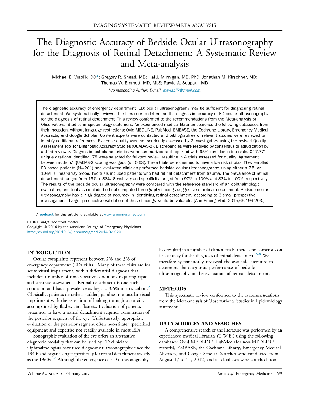 The Diagnostic Accuracy of Bedside Ocular Ultrasonography for the Diagnosis of Retinal Detachment: a Systematic Review and Meta-Analysis