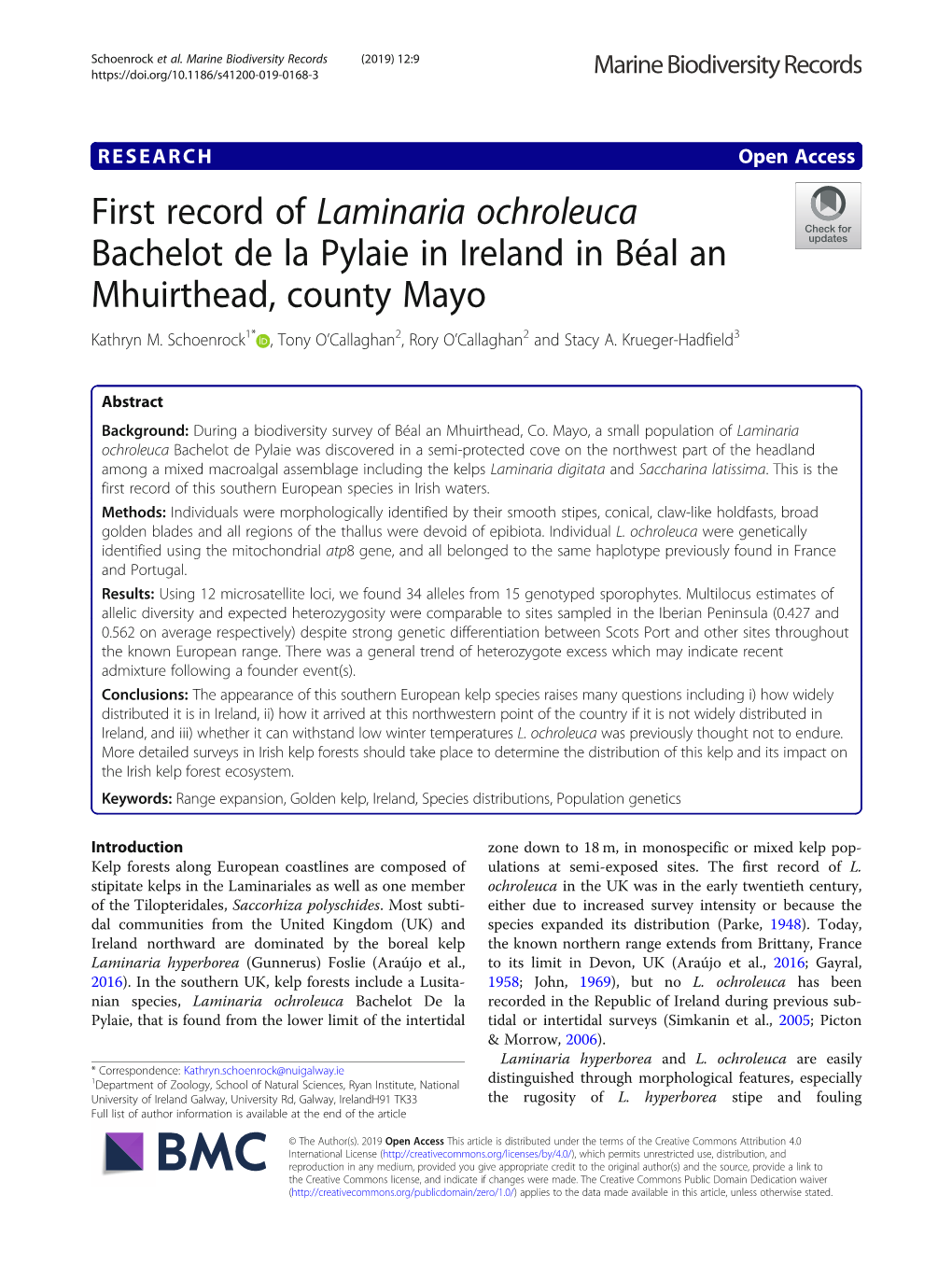 First Record of Laminaria Ochroleuca Bachelot De La Pylaie in Ireland in Béal an Mhuirthead, County Mayo Kathryn M