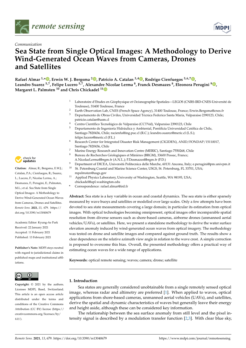 Sea State from Single Optical Images: a Methodology to Derive Wind-Generated Ocean Waves from Cameras, Drones and Satellites