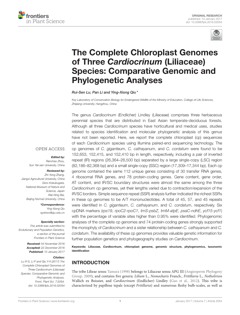 The Complete Chloroplast Genomes of Three Cardiocrinum (Liliaceae) Species: Comparative Genomic and Phylogenetic Analyses