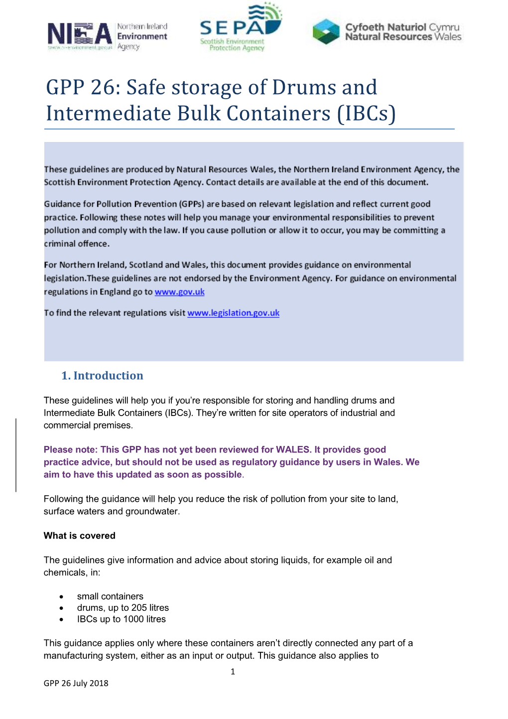 GPP 26: Safe Storage of Drums and Intermediate Bulk Containers (Ibcs)