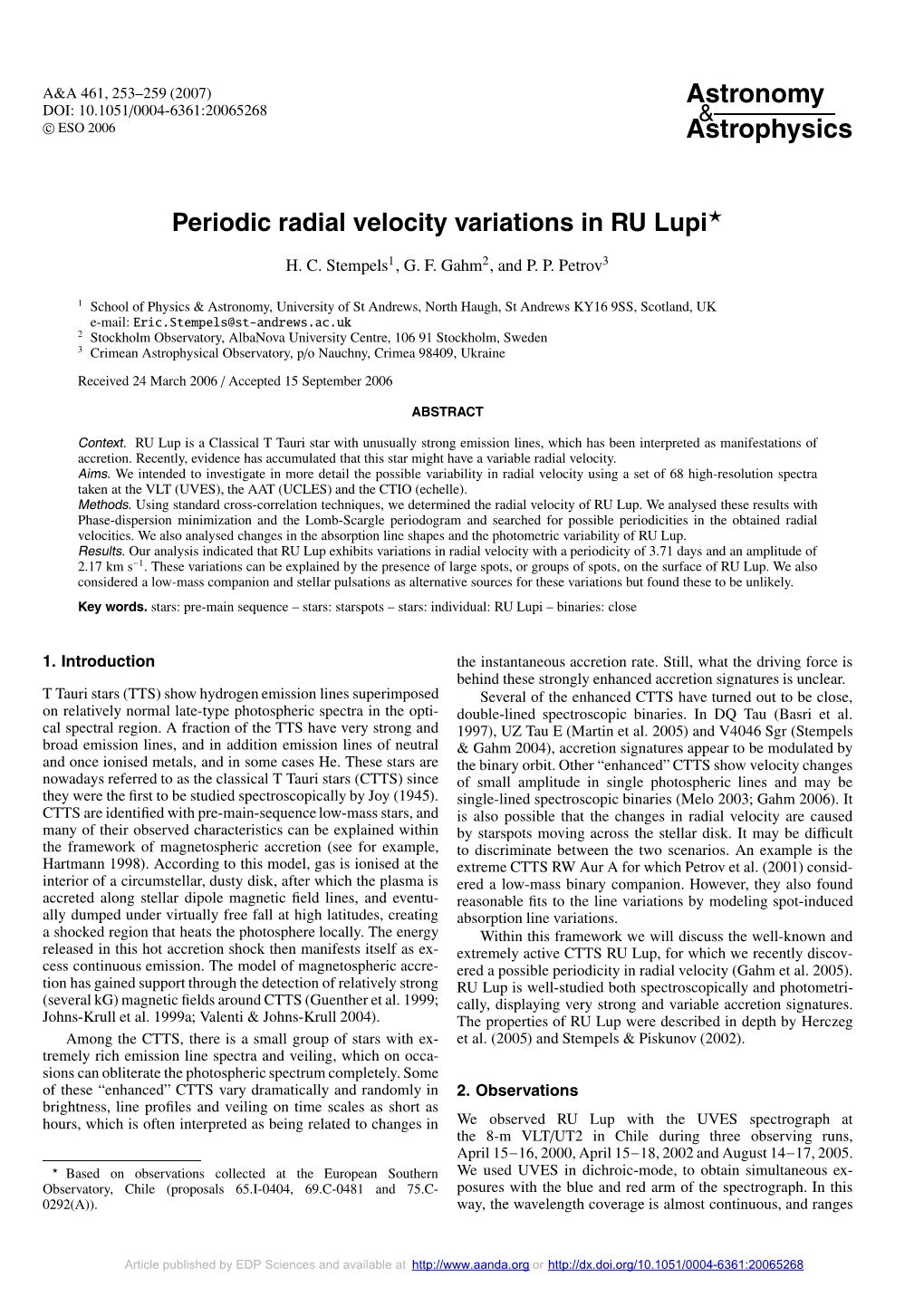 Periodic Radial Velocity Variations in RU Lupi