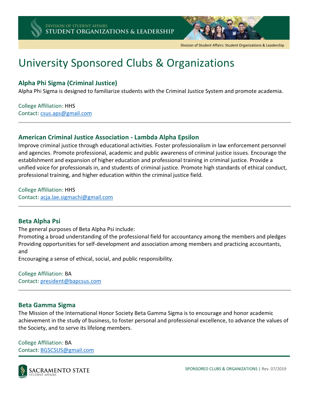 University Sponsored Clubs & Organizations
