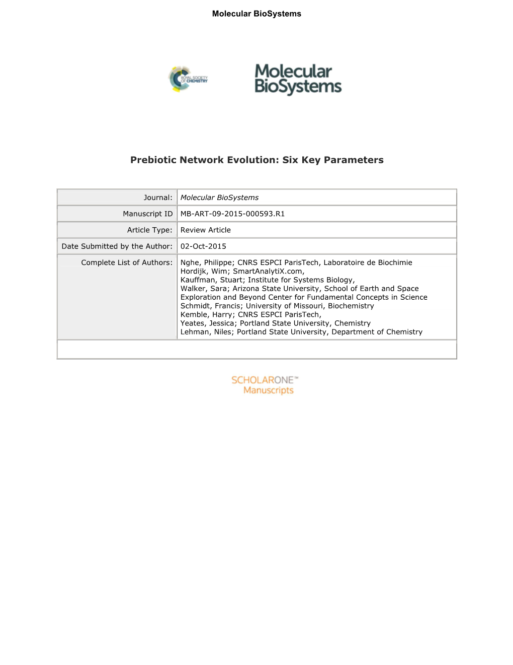 Prebiotic Network Evolution: Six Key Parameters