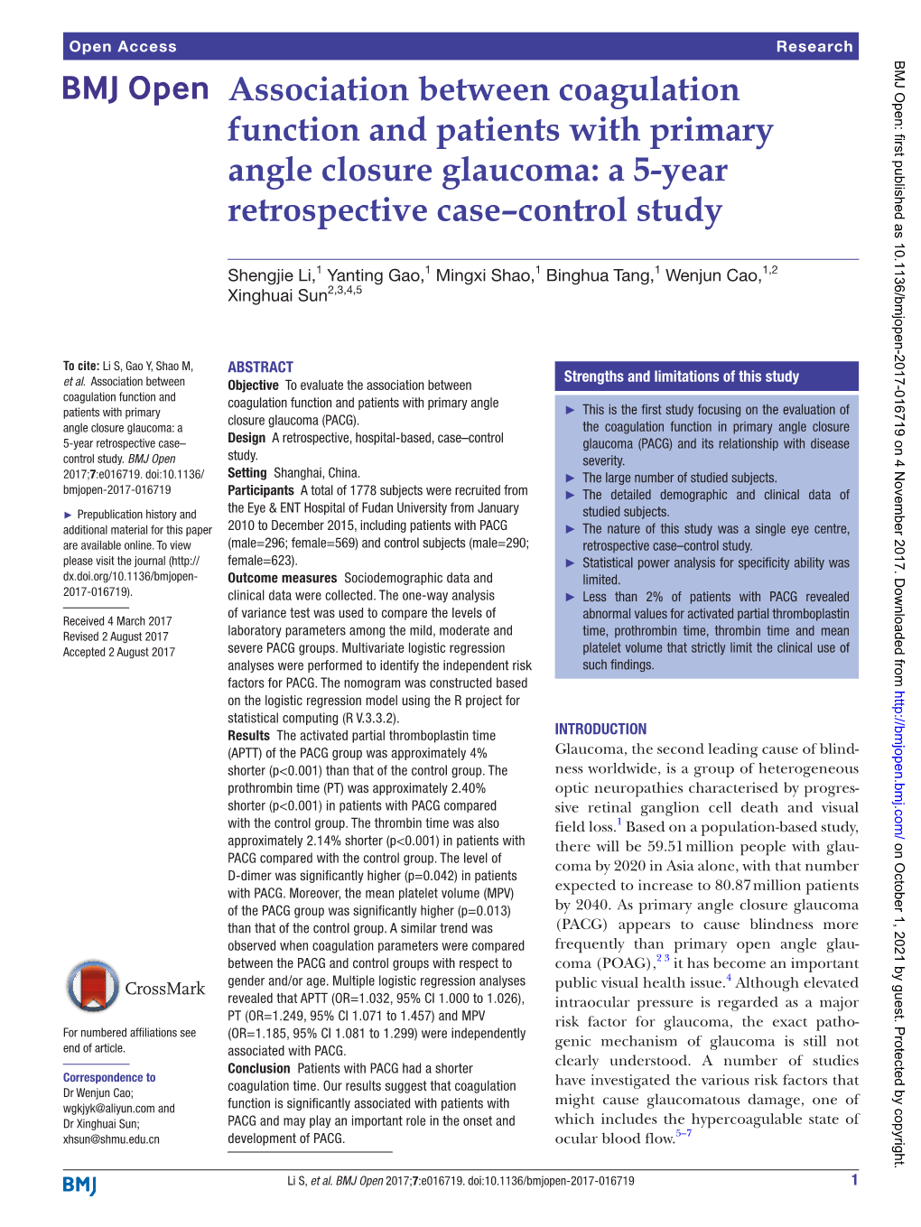 Association Between Coagulation Function and Patients with Primary Angle Closure Glaucoma: a 5-Year Retrospective Case–Control Study