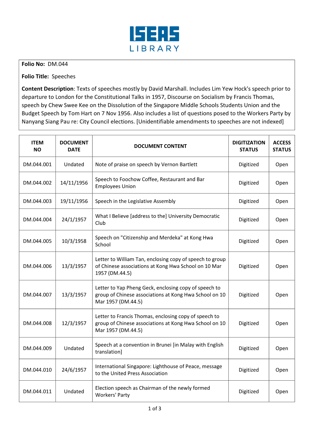 Folio No: DM.044 Folio Title: Speeches Content Description: Texts of Speeches Mostly by David Marshall. Includes Lim Yew Hock'