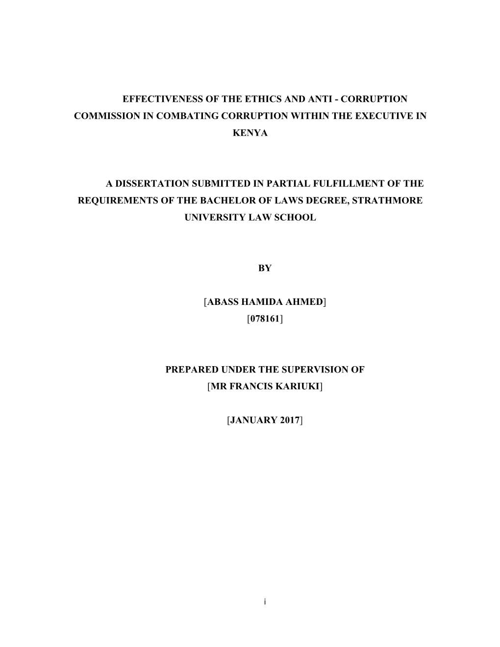 Effectiveness of the Ethics and Anti - Corruption Commission in Combating Corruption Within the Executive in Kenya