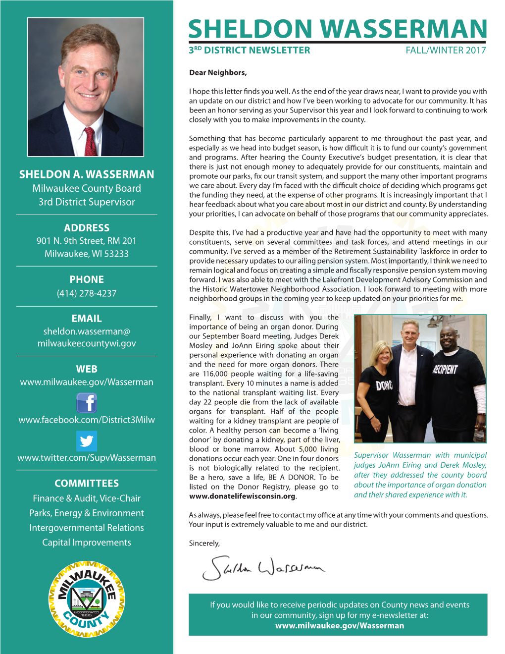 Sheldon Wasserman 3Rd District Newsletter Fall/Winter 2017