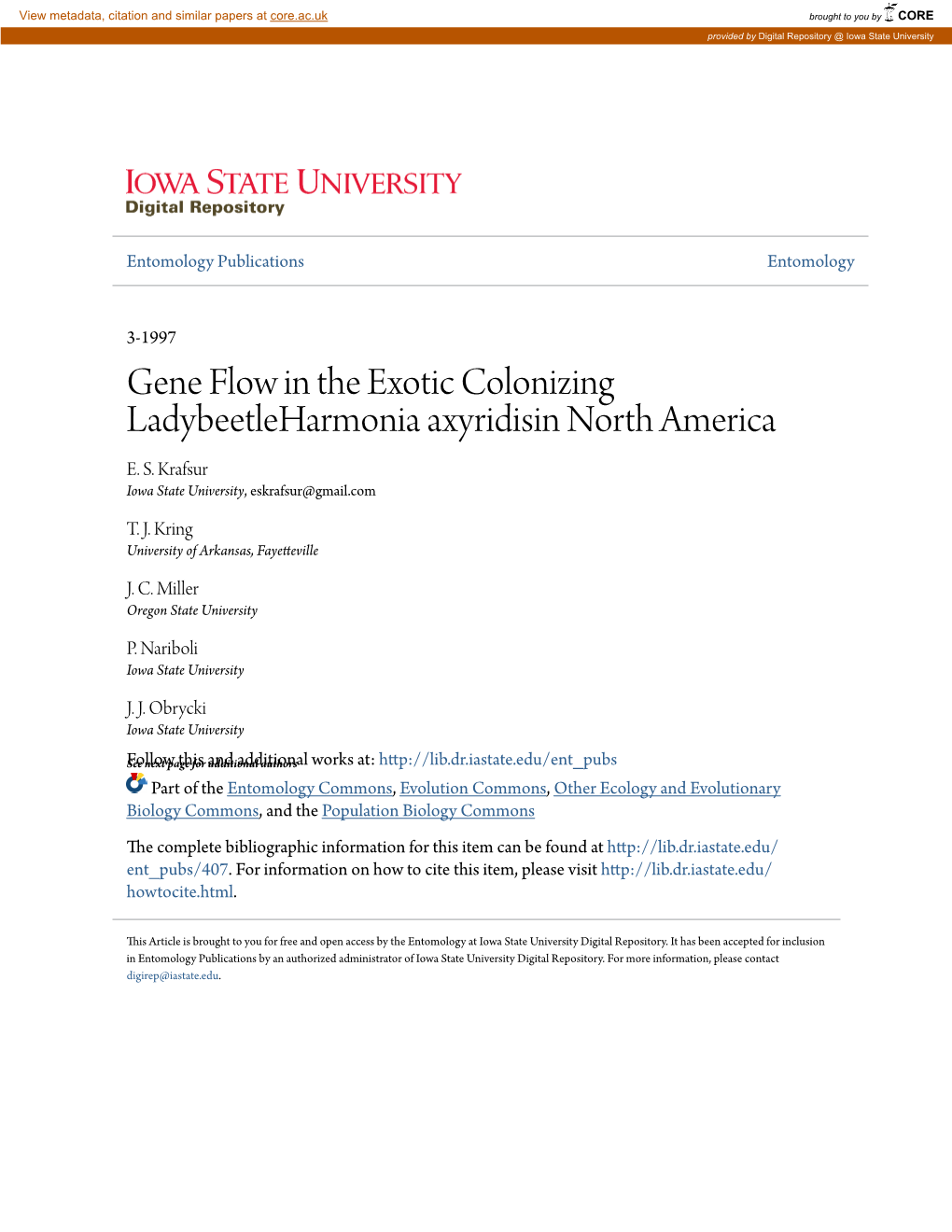 Gene Flow in the Exotic Colonizing Ladybeetleharmonia Axyridisin North America E