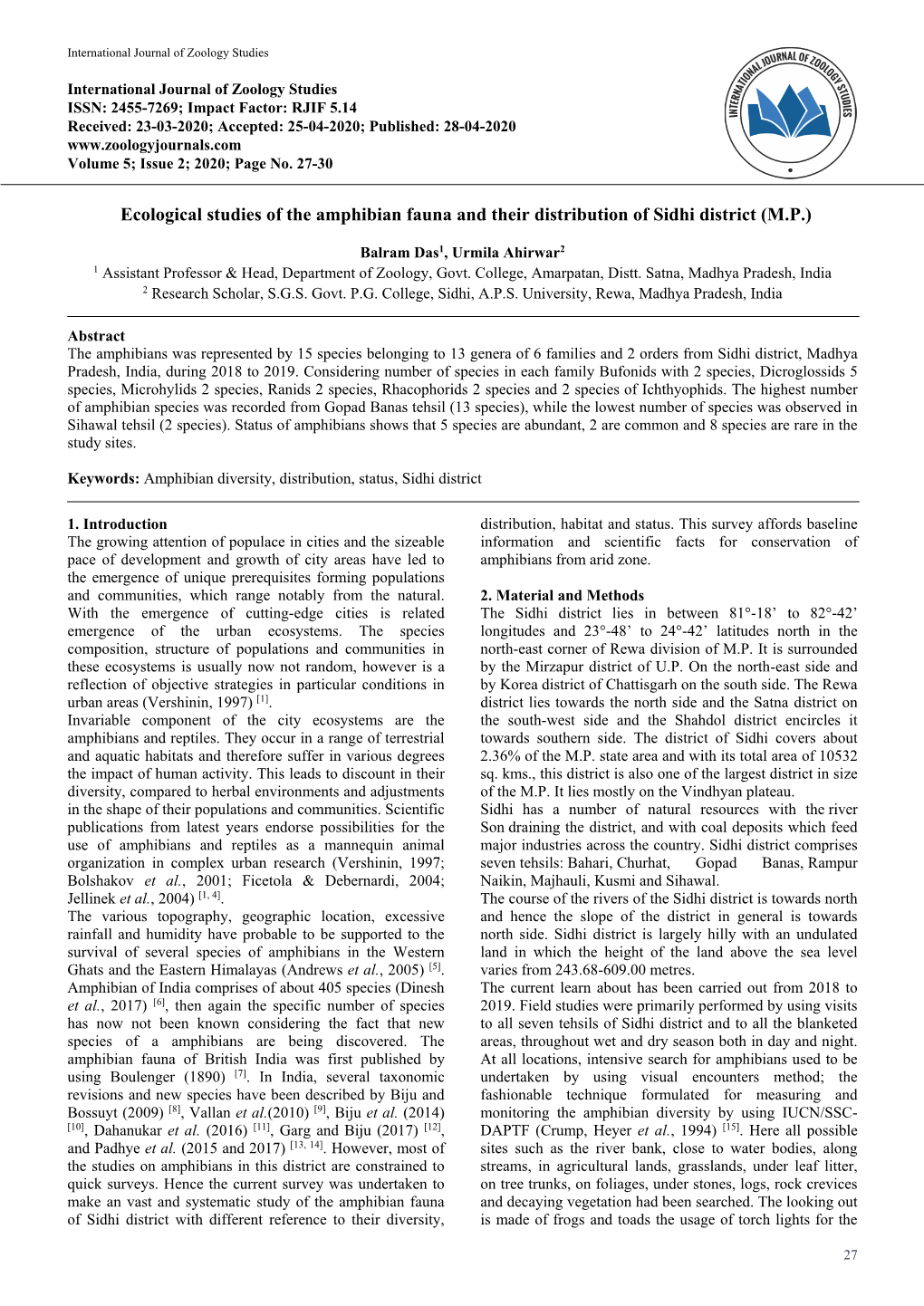 Ecological Studies of the Amphibian Fauna and Their Distribution of Sidhi District (M.P.)