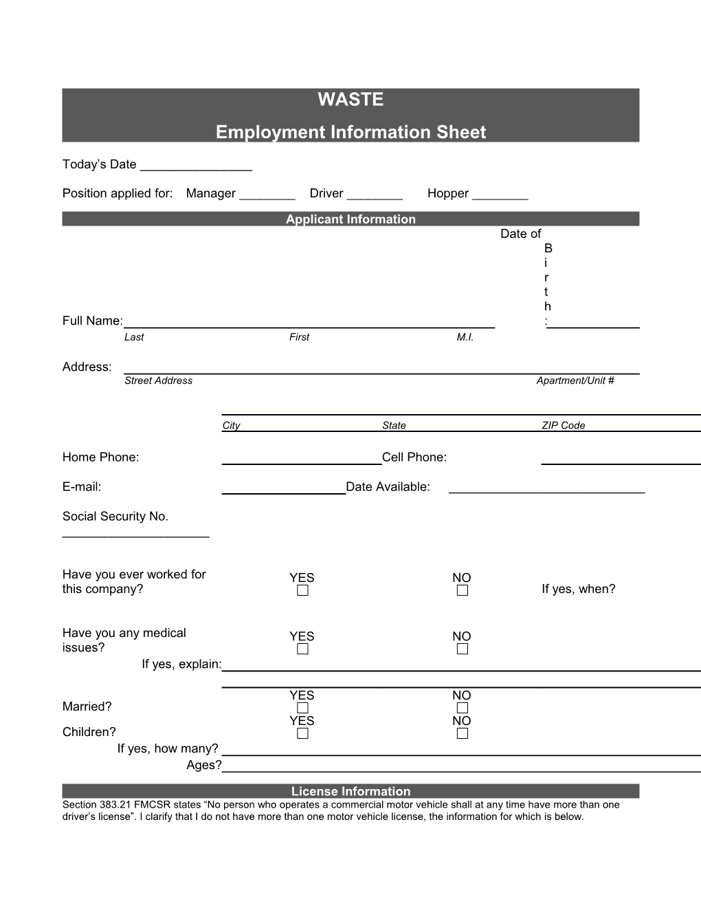 Employment Information Sheet