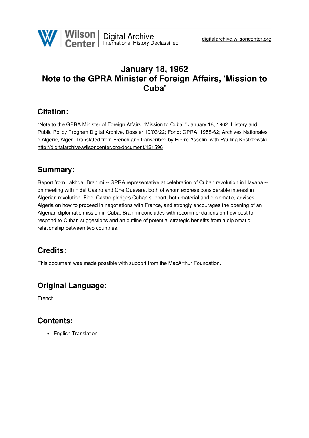 January 18, 1962 Note to the GPRA Minister of Foreign Affairs, 'Mission to Cuba'