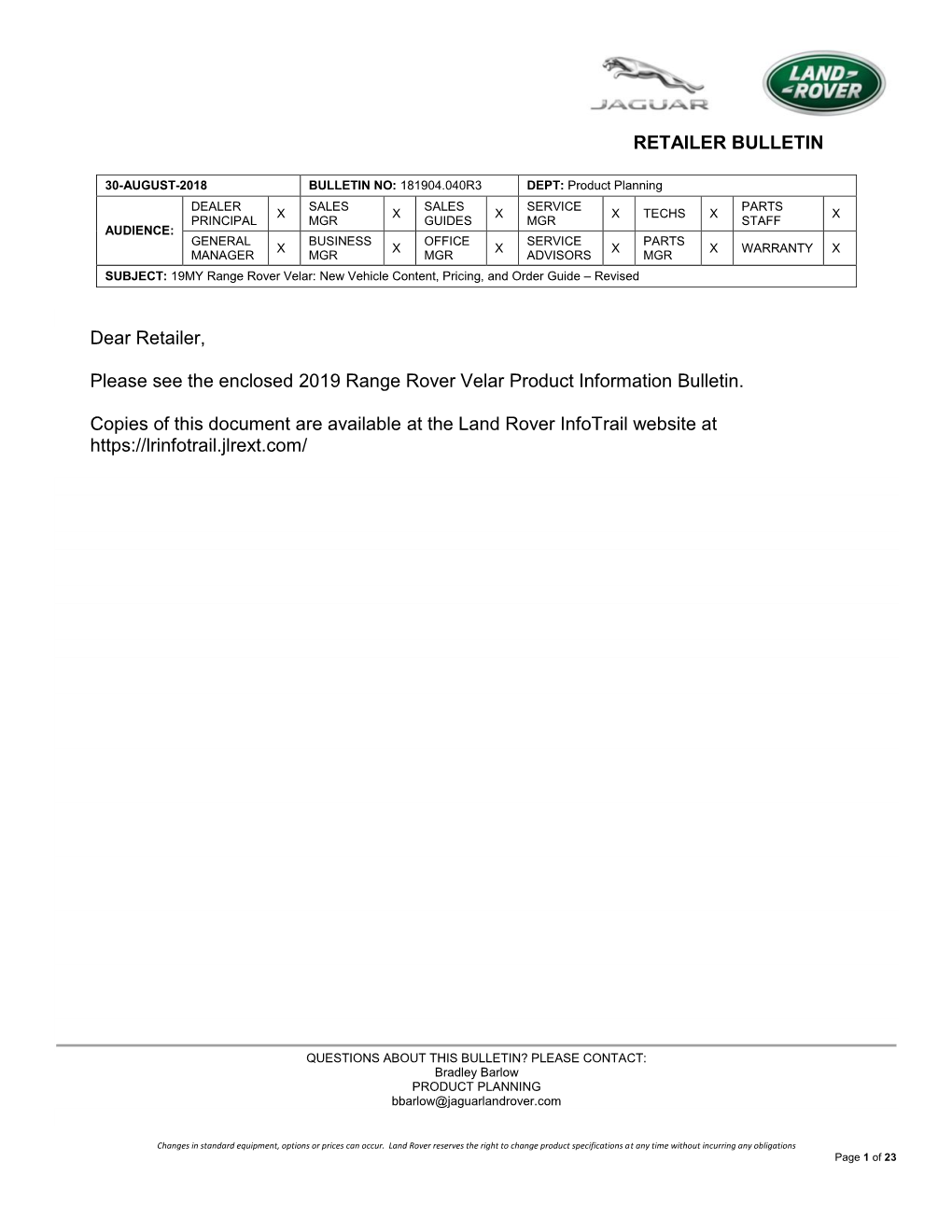 RETAILER BULLETIN Dear Retailer, Please See the Enclosed 2019