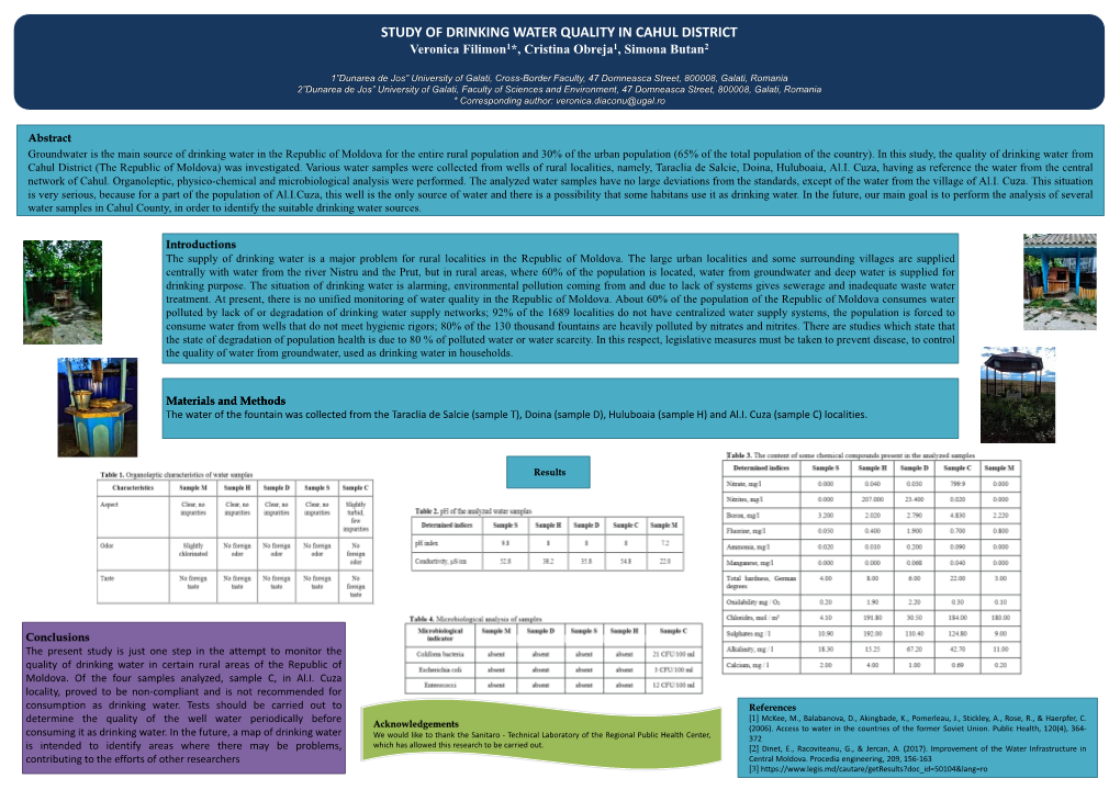 STUDY of DRINKING WATER QUALITY in CAHUL DISTRICT Veronica Filimon1*, Cristina Obreja1, Simona Butan2