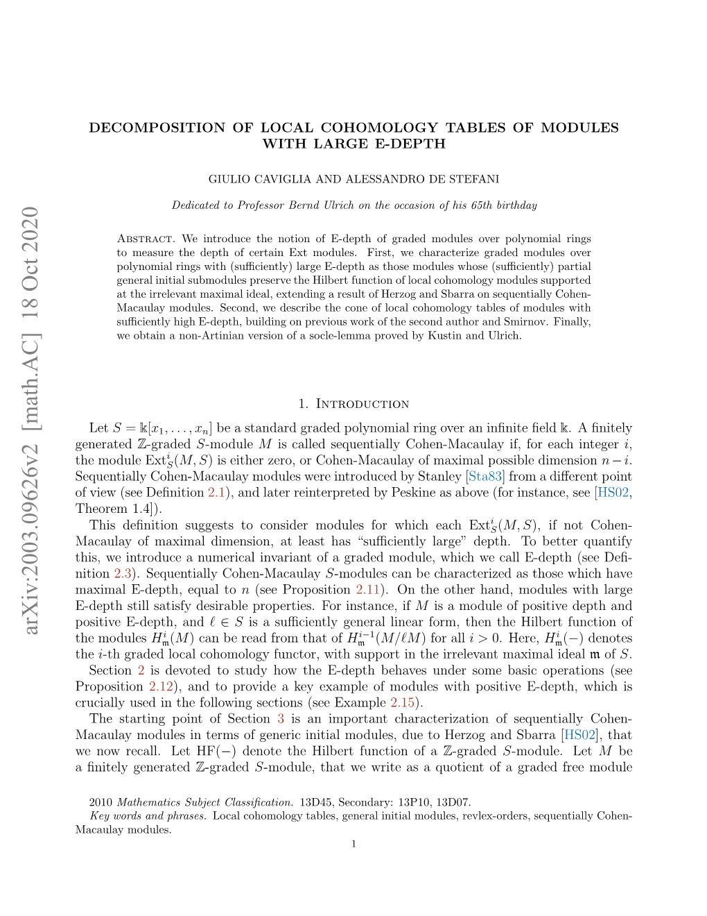 Arxiv:2003.09626V2 [Math.AC] 18 Oct 2020 the Generated Aia -Et,Eulto Equal E-Depth, Maximal Aalymodules