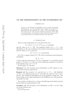 Arxiv:1808.10408V1 [Math.DS] 30 Aug 2018 Set Md ⊂ C Is Deﬁned As the Set of C Such That the Julia Set J(Fc) Is Con- Nected