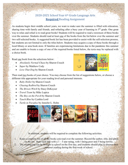2020-2021 School Year 6Th Grade Language Arts Required Reading Assignment