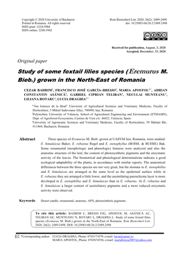 Study of Some Foxtail Lilies Species (Eremurus M. Bieb.) Grown in the North-East of Romania