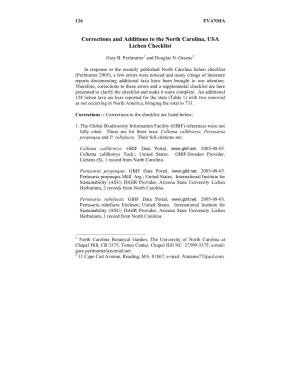 Corrections and Additions to the North Carolina, USA Lichen Checklist