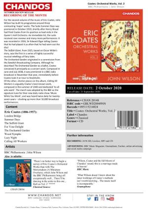 NEW RELEASE RECORDING of the MONTH for the Second Volume of the Music of Eric Coates, John Wilson Has Built His Programme Around Three Contrasting ‘Major’ Works