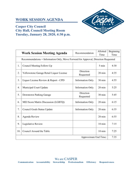 WORK SESSION AGENDA Casper City Council City Hall, Council Meeting Room Tuesday, January 28, 2020, 4:30 P.M
