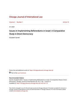 Issues in Implementing Referendums in Israel: a Comparative Study in Direct Democracy