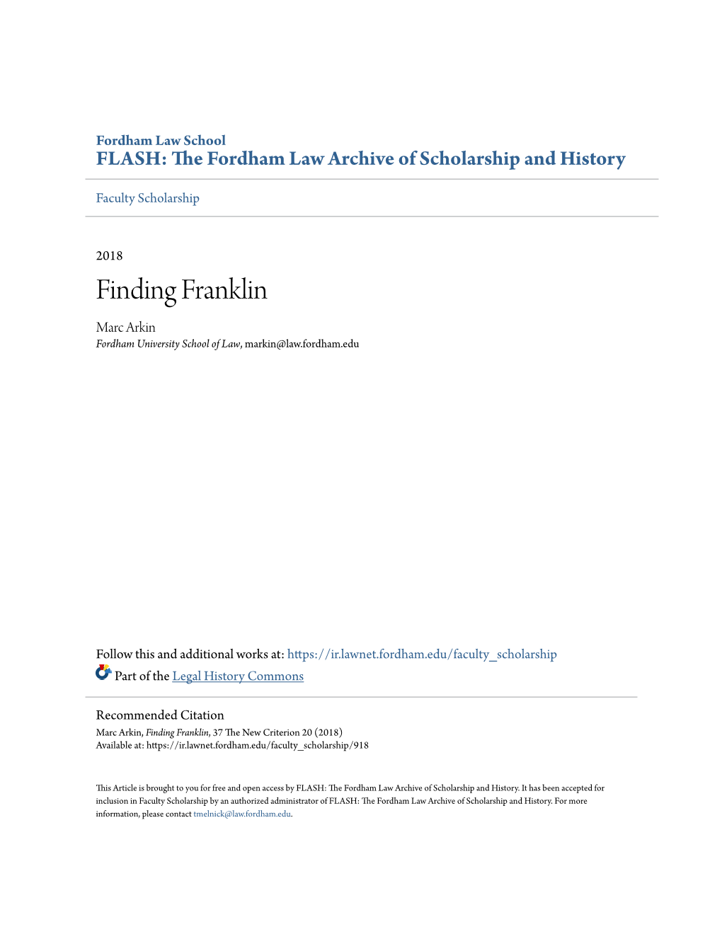 Finding Franklin Marc Arkin Fordham University School of Law, Markin@Law.Fordham.Edu