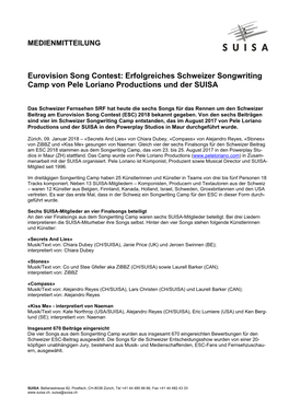 Eurovision Song Contest: Erfolgreiches Schweizer Songwriting Camp Von Pele Loriano Productions Und Der SUISA