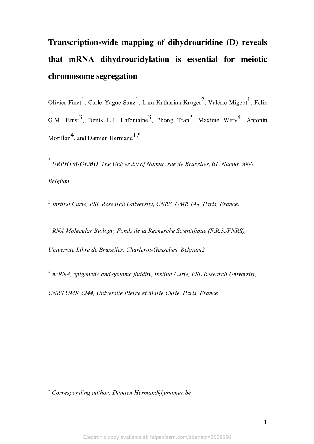 Transcription-Wide Mapping of Dihydrouridine (D) Reveals That Mrna Dihydrouridylation Is Essential for Meiotic Chromosome Segregation