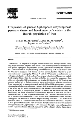 Frequencies of Glucose 6-Phosphate Dehydrogenase Pyruvate Kinase and Hexokinase Deficiencies in the Basrah Population of Iraq