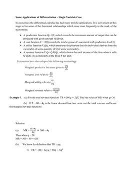 Some Applications of Differentiation – Single Variable Case in Economics