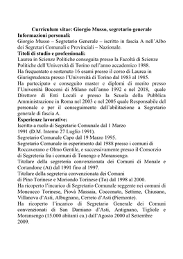 Giorgio Musso – Segretario Generale – Iscritto in Fascia a Nell’Albo Dei Segretari Comunali E Provinciali – Nazionale