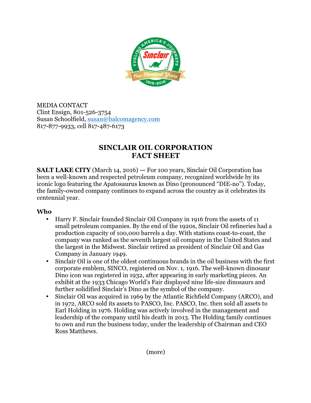 2 2016 03 02 Sinclair Oil CORPORATE Fact Sheet SS