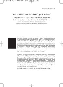 Wild Mammals from the Middle Ages in Romania LUMINITA BEJENARU, SIMINA STANC & STEFAN R