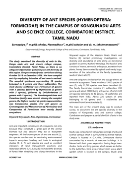 Diversity of Ant Species (Hymenoptera: Formicidae) in the Campus of Kongunadu Arts and Science College, Coimbatore District, Tamil Nadu