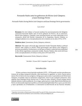 Fernando Nadra Ante Los Gobiernos De Héctor José Cámpora Y Juan Domingo Perón, Izquierdas, 47, Agosto 2019:184-195
