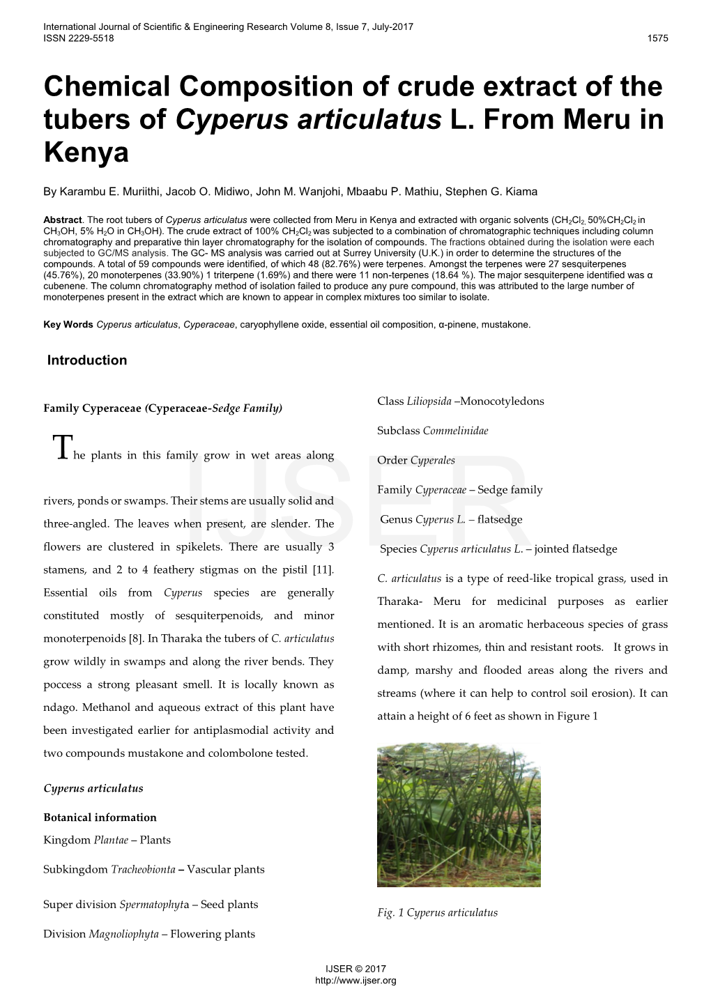 Chemical Composition of Crude Extract of the Tubers of Cyperus Articulatus L