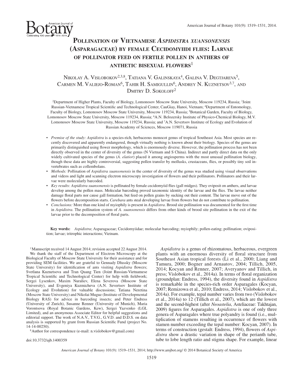 (Asparagaceae) by Female Cecidomyiidi Flies: Larvae of Pollinator Feed on Fertile Pollen in Anthers of Anthetic Bisexual Flowers 1