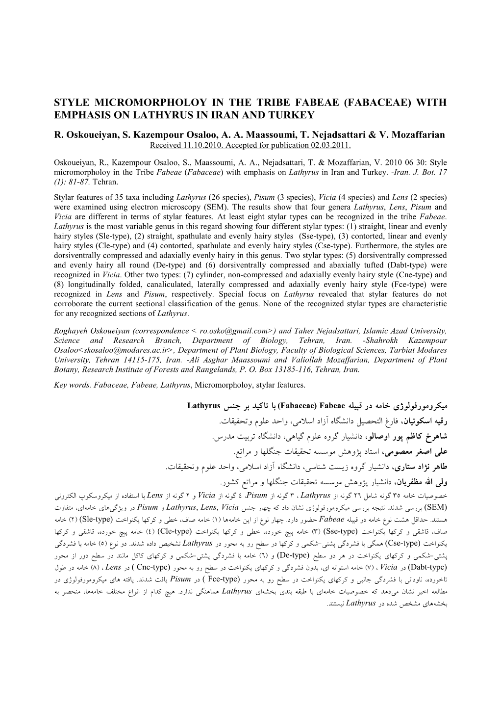 Style Micromorpholoy in the Tribe Fabeae (Fabaceae) with Emphasis on Lathyrus in Iran and Turkey