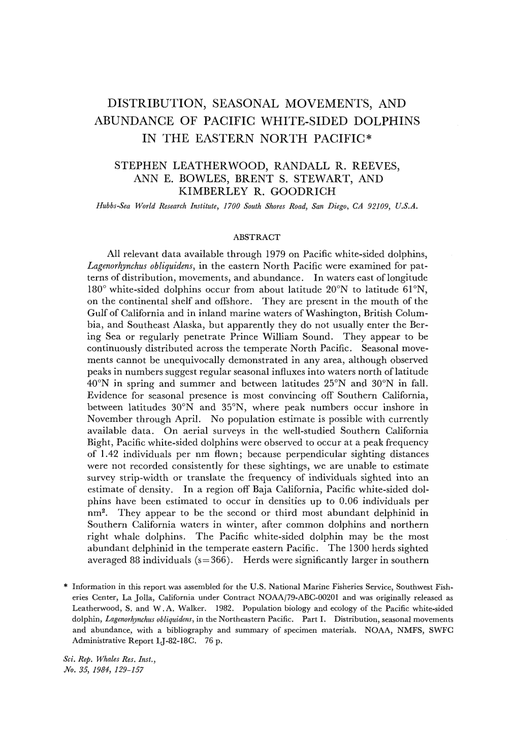 Distribution, Seasonal Movements, and Abundance of Pacific White-Sided Dolphins in the Eastern North Pacific*