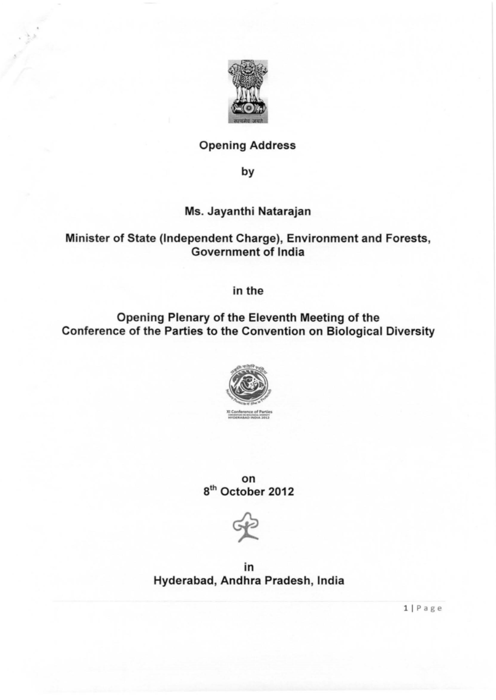 Opening Address by Ms. Jayanthi Natarajan Minister of State