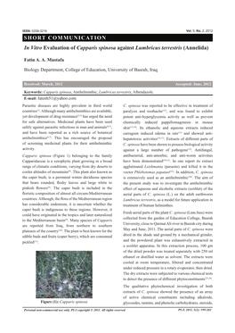 SHORT COMMUNICATION in Vitro Evaluation of Capparis Spinosa Against Lumbricus Terrestris (Annelida)