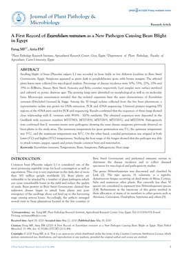 A First Record of Exserohilum Rostratum As a New Pathogen Causing Bean Blight in Egypt