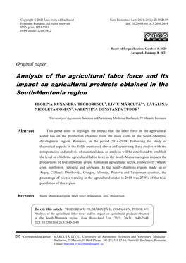 Analysis of the Agricultural Labor Force and Its Impact on Agricultural Products Obtained in the South-Muntenia Region