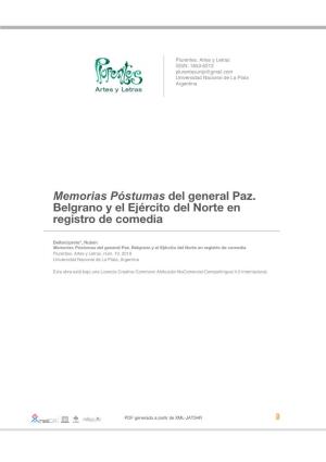 Memorias Póstumas Del General Paz. Belgrano Y El Ejército Del Norte En Registro De Comedia