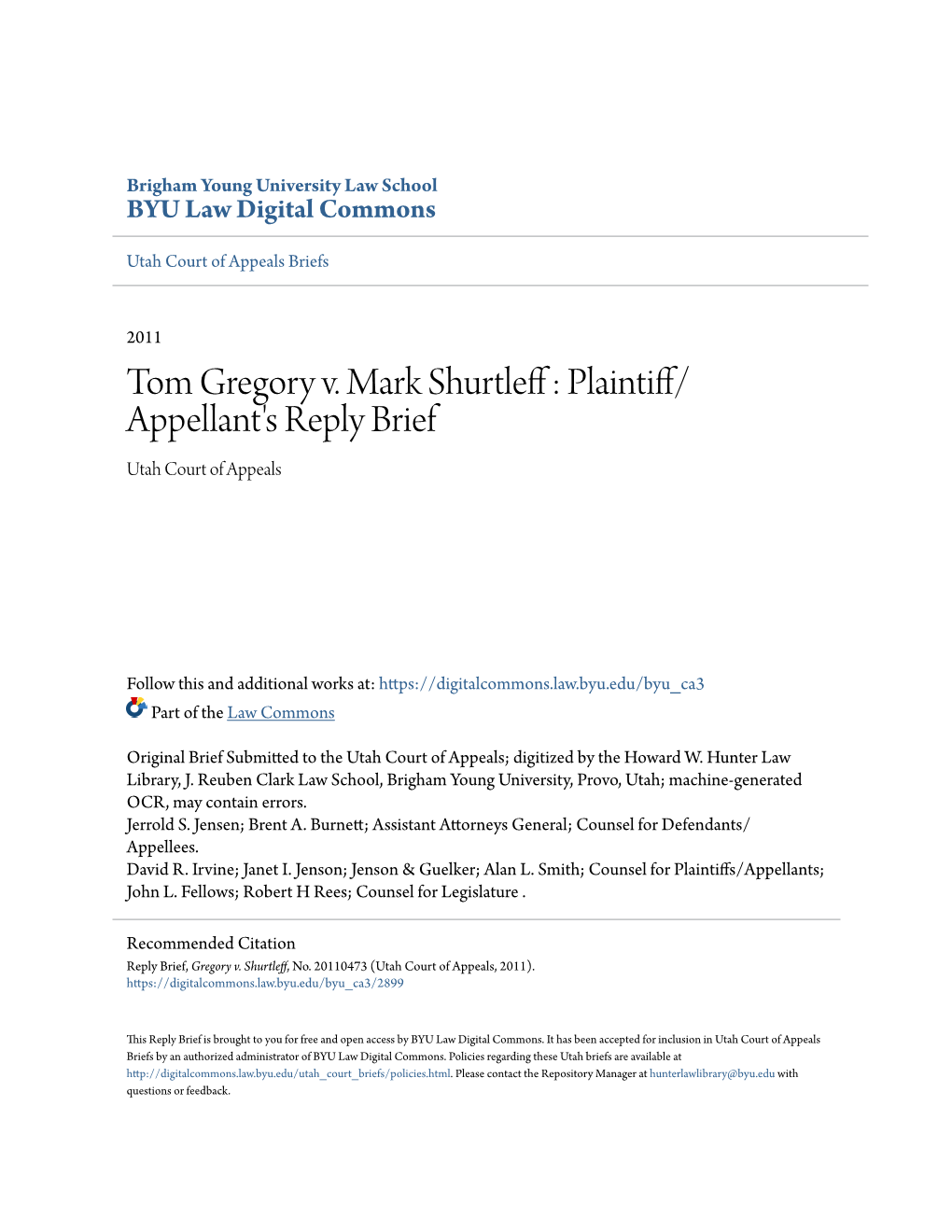 Tom Gregory V. Mark Shurtleff : Lp Aintiff/ Appellant's Reply Brief Utah Court of Appeals