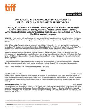 News Release. 2016 Toronto International Film Festival Unveils Its