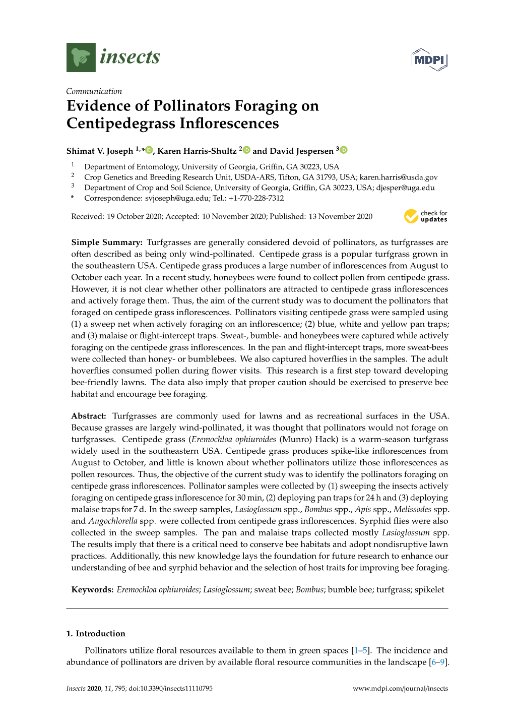 Evidence of Pollinators Foraging on Centipedegrass Inflorescences