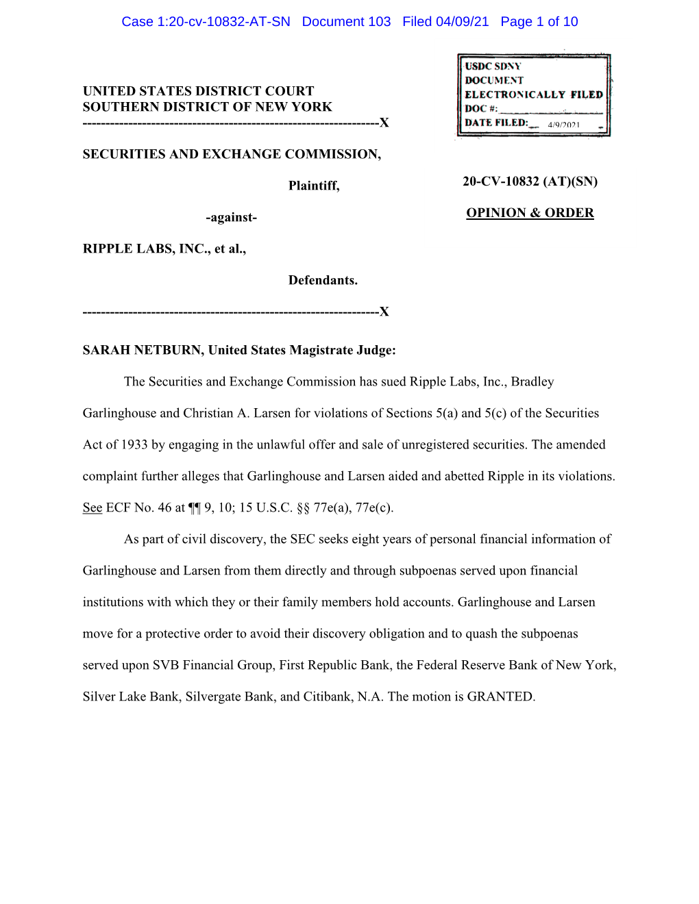 Case 1:20-Cv-10832-AT-SN Document 103 Filed 04/09/21 Page 1 of 10