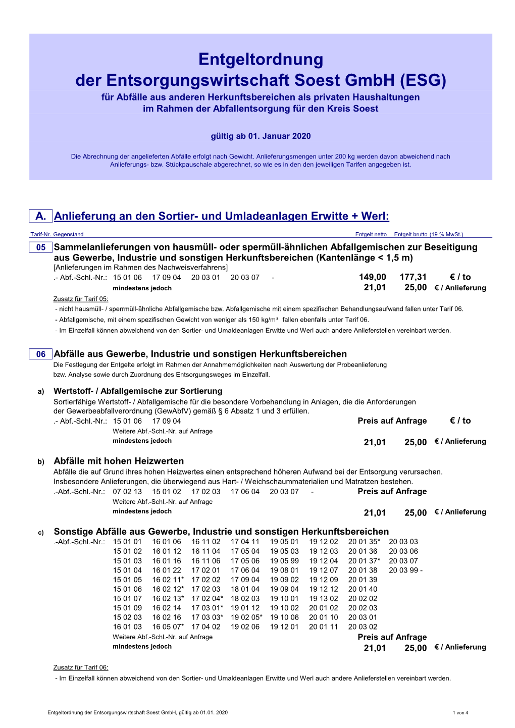 Entgeltordnung Der Entsorgungswirtschaft Soest Gmbh